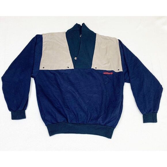 Vintage Adidas Sweater France Large Blue Tan Pockets Sport Activewear - Picture 1 of 8